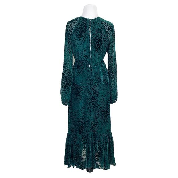 A.L.C. Kamari Leopard Burnout Velvet Ruffle Silk Blend Midi Dress Green Size 0 - Picture 4 of 8